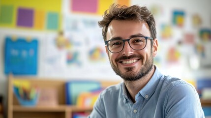 A cheerful male teacher enjoys a moment in the classroom, radiating positivity and engagement. The vibrant background reflects a dynamic learning environment.