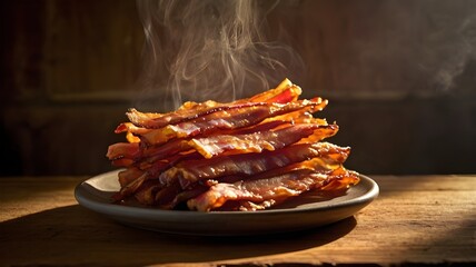 Crispy Sizzling Bacon Strips Stacked on Rustic Plate with Golden Morning Light for National Bacon Lovers Day