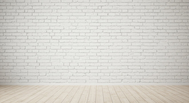 Fototapeta Empty white brick wall and wood floor interior