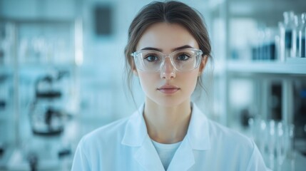 Fototapeta premium A young female scientist in a laboratory setting, wearing glasses and a lab coat, displays a focused expression, embodying dedication to scientific research and innovation.