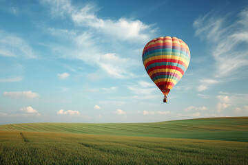 Naklejka premium A single hot air balloon hovering over green fields, bright daylight with minimal clouds and room