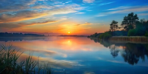 Obraz premium Serene Lake at Sunset with Reflections and Colorful Sky a Tranquil and Peaceful Landscape Scene with Natural Beauty