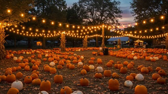 A vibrant pumpkin patch illuminated by string lights at sunset, creating a festive atmosphere