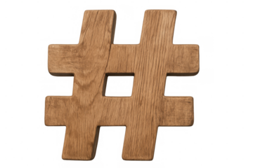 Wooden hashtag symbol isolated on transparent background, representing social media trends, communication, and online engagement