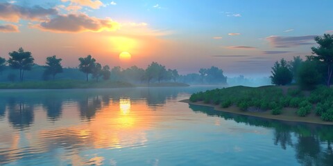 Obraz premium Serene Lake Landscape at Sunrise with Fog and Reflections Featuring Lush Greenery and a Calm Peaceful Atmosphere