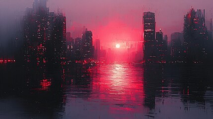 Red Sunset Cityscape Dramatic Urban Skyline at Dusk with Water Reflection