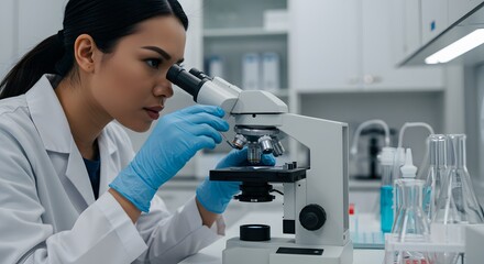 Focused Scientist Using Microscope in a Modern Laboratory Medical Research and Scientific Discovery