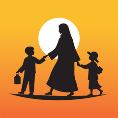 Silhouette of Woman Leading Children with Lantern - Family Guidance Vector Art