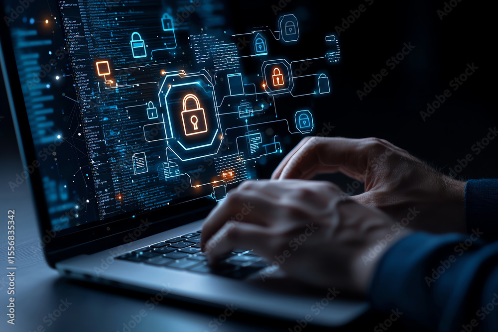 Poster person typing on laptop with digital security elements displayed on screen, showcasing modern approa