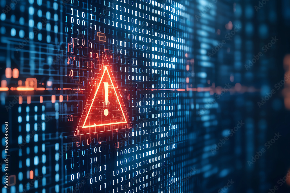 Poster digital warning sign with exclamation mark is prominently displayed against backdrop of binary code,