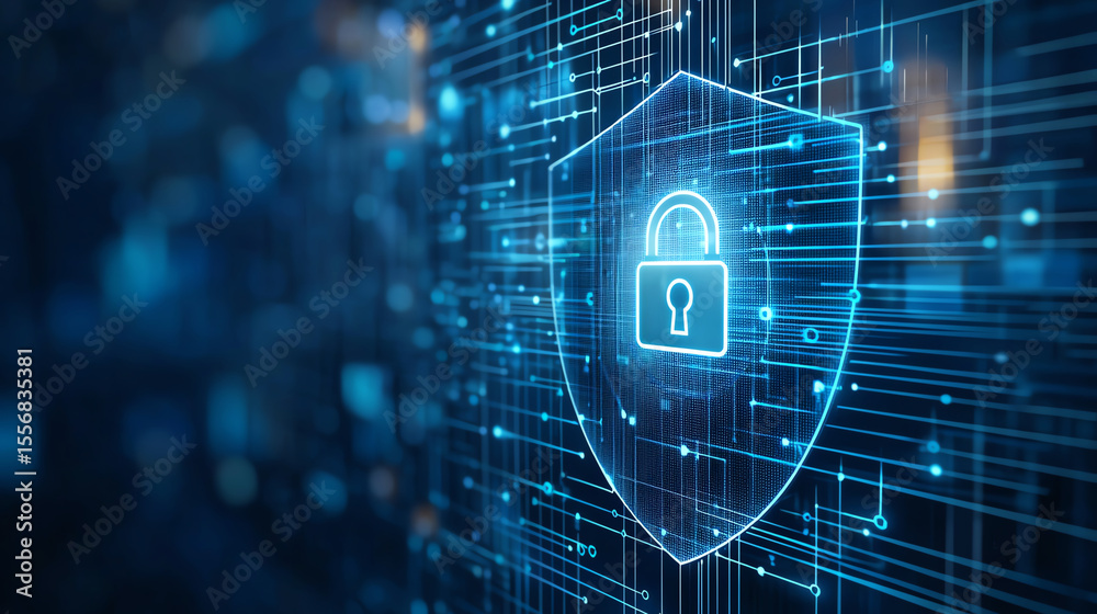 Poster digital shield with glowing padlock symbol represents cybersecurity and protection in high tech envi
