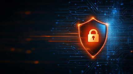 Glowing shield with padlock symbol represents digital security and protection in technological environment, conveying sense of safety and trust