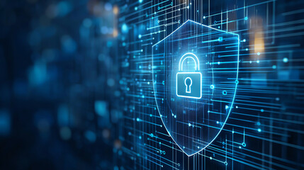 Digital shield with glowing padlock symbol represents cybersecurity and protection in high tech environment. intricate network of lines and nodes conveys sense of advanced technology and security