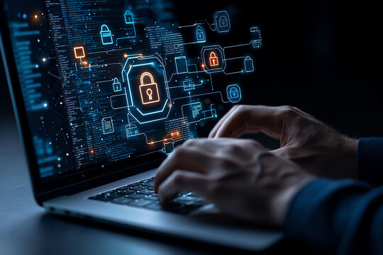 Person typing on laptop with digital security elements displayed on screen, showcasing modern approach to cybersecurity and data protection. atmosphere is focused and tech oriented