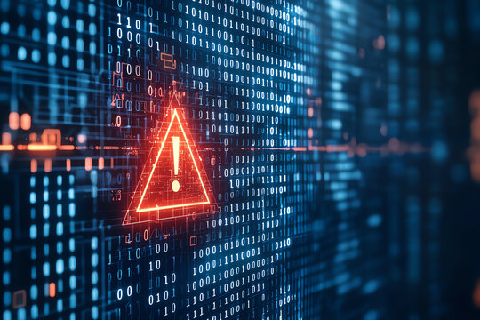 Digital warning sign with exclamation mark is prominently displayed against backdrop of binary code, symbolizing caution technology and data security. vibrant colors evoke sense of urgency