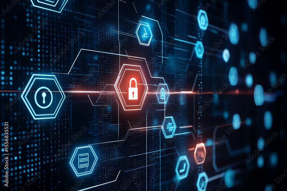 Poster digital background featuring hexagonal pattern with security icons, representing technology and data