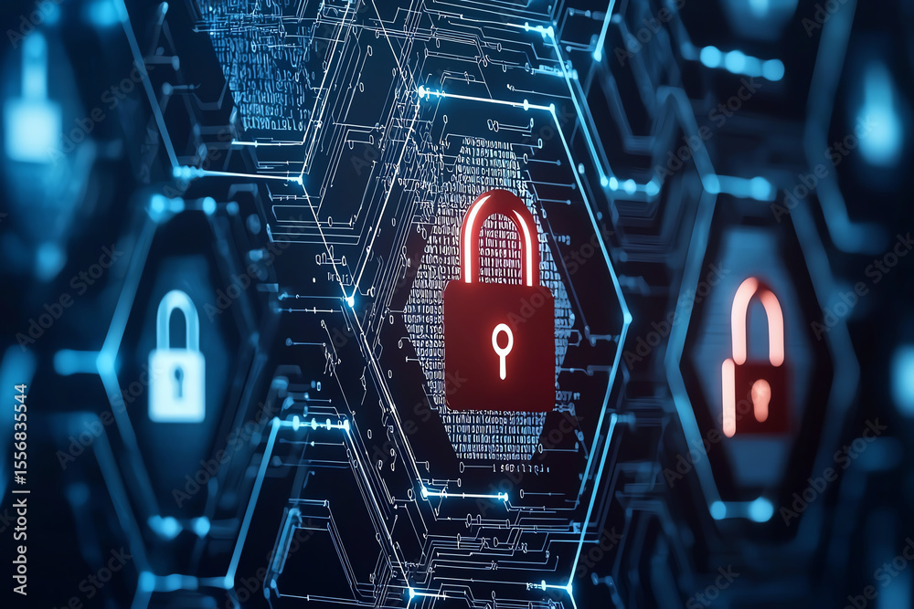 Poster digital background featuring hexagonal pattern with glowing padlock icons, symbolizing cybersecurity