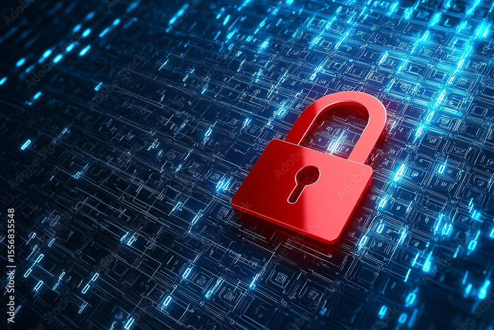 Poster red padlock symbolizing security stands out against digital background filled with glowing blue bina