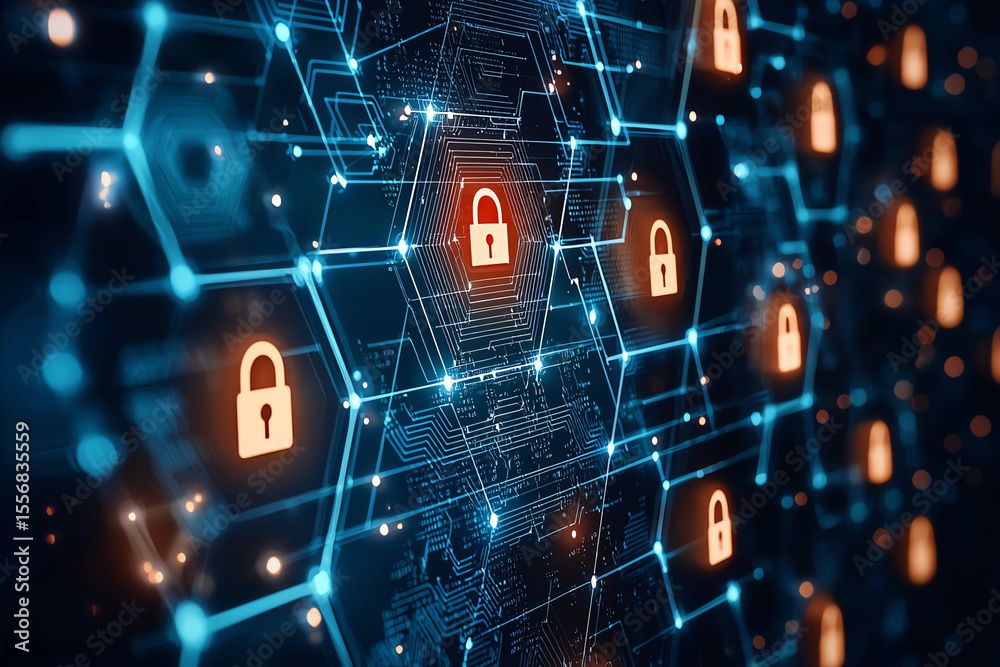 Poster Digital background featuring hexagonal pattern with glowing locks, symbolizing cybersecurity and data protection. interconnected network design conveys sense of security and technology