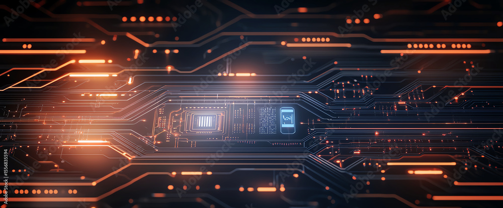 Poster abstract digital background featuring intricate circuit patterns with glowing lines and security ico