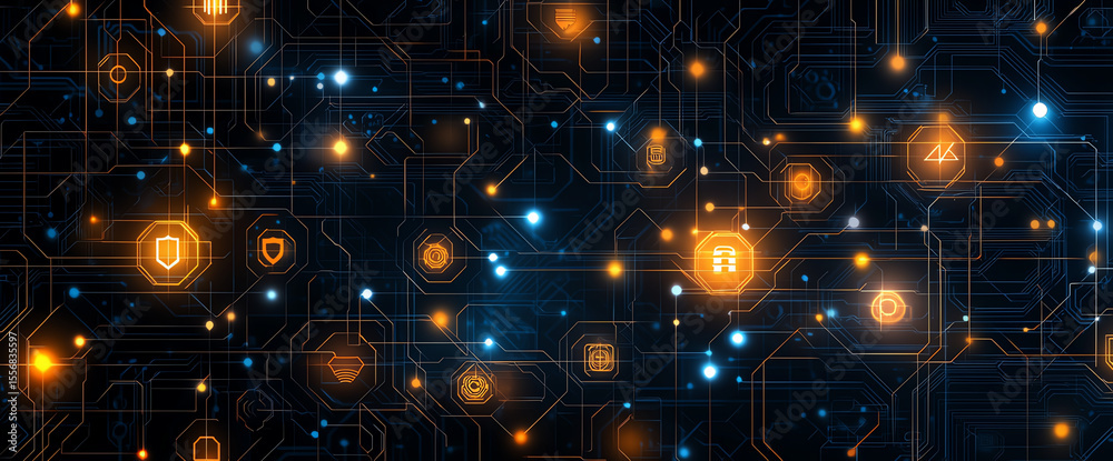 Poster abstract digital background featuring interconnected security icons and glowing circuitry elements, 