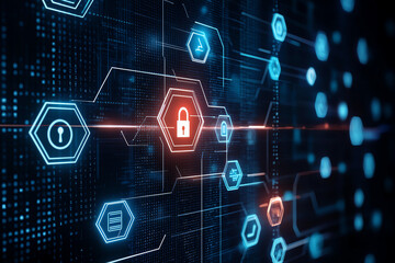 Obraz premium Digital background featuring hexagonal pattern with security icons, representing technology and data protection. vibrant colors create modern and secure atmosphere, ideal for tech related themes