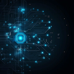 Obraz premium Blue glowing power button is prominently featured circuit board background, showcasing intricate electronic patterns and connections. vibrant blue lights create futuristic and dynamic atmosphere