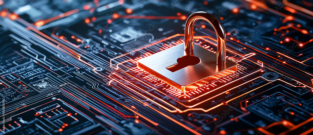 Poster digital padlock symbolizes cybersecurity and data protection, set against backdrop of intricate circ