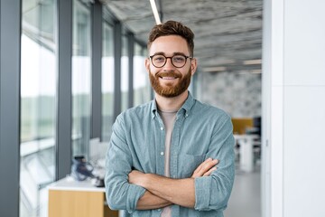 Fototapeta premium A young man with a beard and glasses smiling in an office environment He stands with arms crossed in front