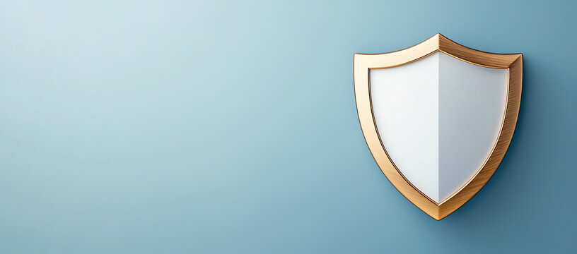 Modern shield icon representing security and protection, featuring sleek design with wooden frame against soft blue background. This conveys sense of safety and reliability