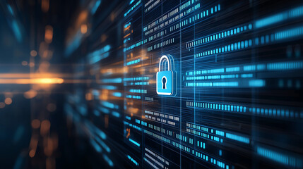 Obraz premium Digital background featuring padlock icon, symbolizing security and protection in technological environment. vibrant blue tones and data streams evoke sense of safety and innovation