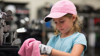 A young girl is wiping her golf club with a towel. She is wearing a pink hat. The girl is standing in front of a rack of golf clubs