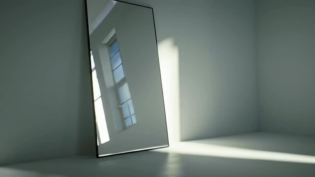 Tall mirror reflecting window in bright, empty corner studio space