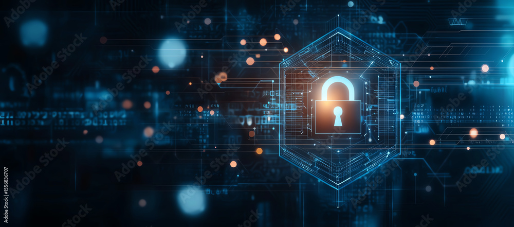 Poster secure digital shield with padlock symbol, representing modern cybersecurity. image features futuris