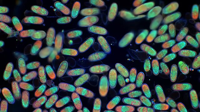 Many ovular shapes glow against a dark background, some are out of focus