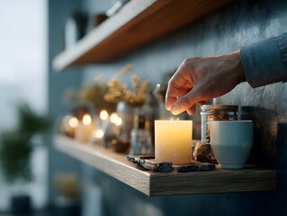 elegant man lighting candles near hygge inspired shelf 