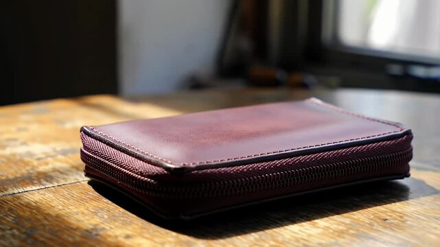 Burgundy zip wallet on a wood table bathed in sunlight near a bright window