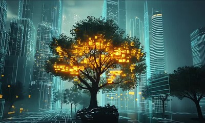 Futuristic cityscape featuring a glowing digital tree amidst towering skyscrapers and neon lights - Powered by Adobe