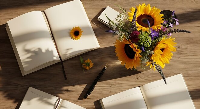 Open notebooks, sunflowers, and other flowers arranged on a wooden surface, casting shadows.