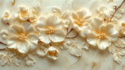 Delicate cream flowers and leaves embossed on a beige background
