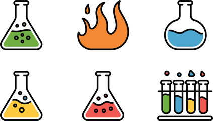 Colorful Erlenmeyer Flasks Test Tubes Fire Science Experiment Icons