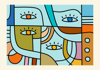  abstract illustration featuring multiple intertwined faces or facial elements