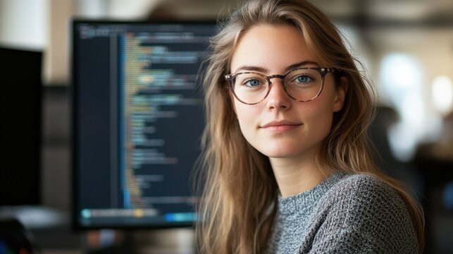 A young female programmer works intently at her computer, analyzing code. Her casual attire and glasses highlight a modern tech workspace atmosphere.