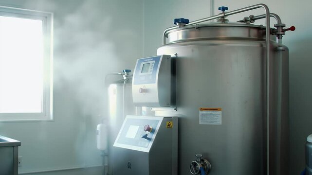 Industrial cryogenic tank with control panels and window in a clean room
