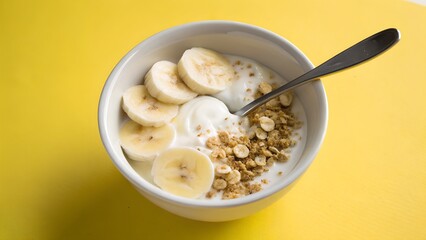 A simple overhead shot shows a bowl of creamy yogurt topped with fresh banana slices and crunchy granola