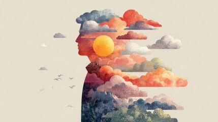 Mindful Reflections: A serene silhouette of a person's profile, seamlessly integrated with a vibrant collage of clouds, evokes thoughts and inner reflections.