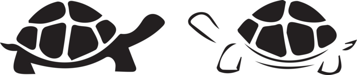 Stylized Turtle Illustrations in Black and White Playful Marine Wildlife Representations Two Different Artistic Styles of Turtle Depictions