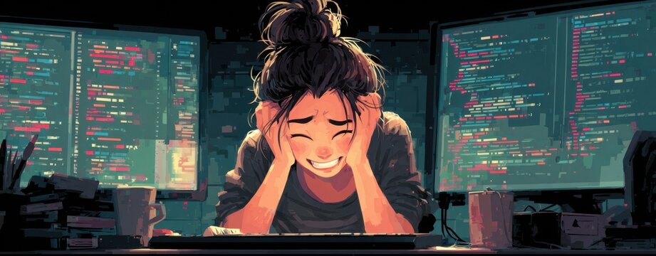 Anxious young woman with messy bun sits at her desk, overwhelmed by complex computer code displayed on dual monitors, experiencing stress and frustration at work.