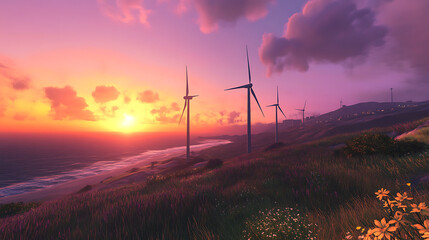 Obraz premium A city beach view with coastal wind turbine 