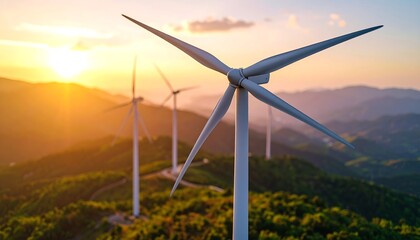 Wind turbines at sunset over hills (2)
